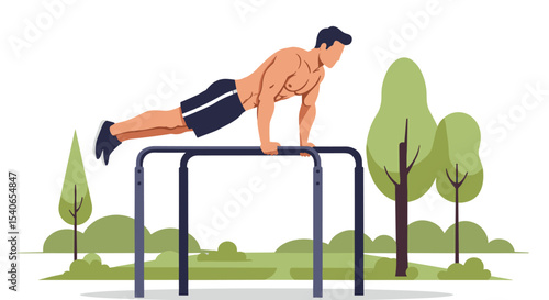 Flat vector of a male athlete performing calisthenics on parallel bars