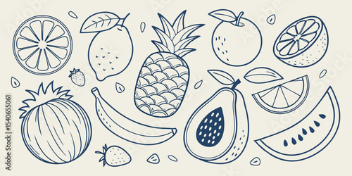 Hand-drawn vector illustration set of fresh apple fruit and healthy apple tree design