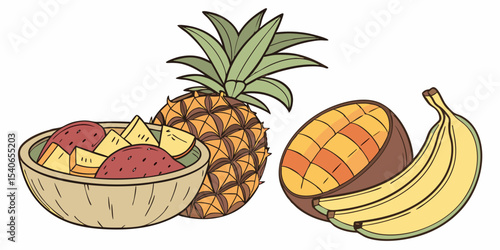 Fresh isolated tropical fruits and vegetables illustration with pineapple, apple, banana, and orange