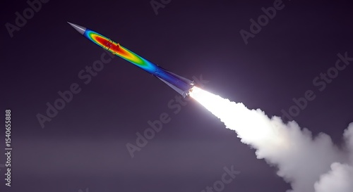 Hypersonic ballistic missile launch with a CFD thermal analysis overlay showing aerodynamic heat distribution. A 3D render for aerospace engineering and military defense technology.