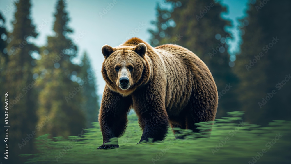 Obraz premium A magnificent brown bear walks confidently through a lush green forest, facing the camera.