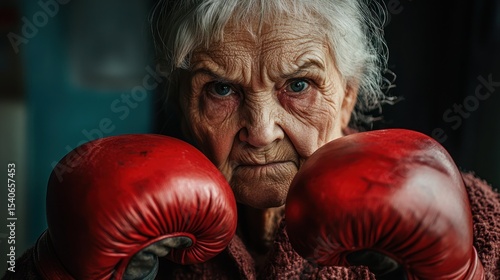 An elderly woman with a fierce gaze and boxing gloves, ready to challenge social issues and fight for justice.