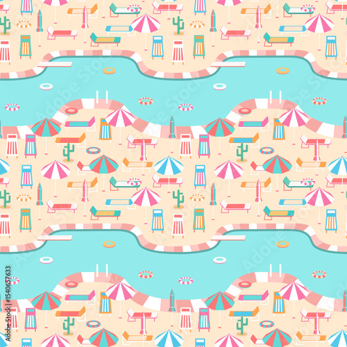 Poolside vacation scene seamless pattern. Large pool with diving board, swim rings, colorful parasols, lounge chairs, striped retro deck chairs. Modern fun summer repeat design. Relaxation, leisure