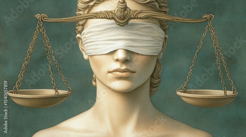 An elegant justice statue blindfolded, with balanced scales reflecting fairness, law, and the pursuit of equality.