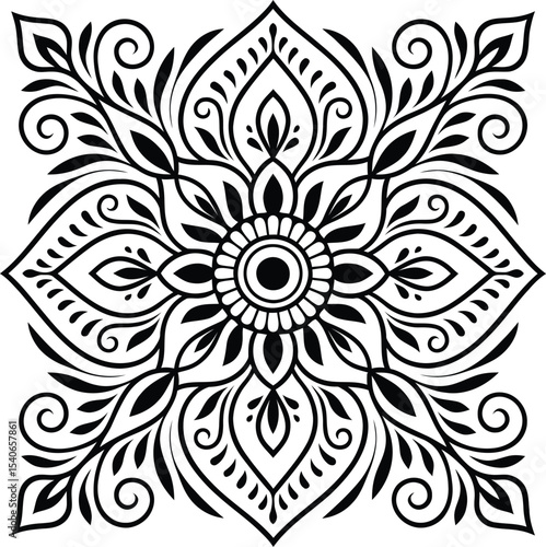Square Mandala Floral Line Art Intricate Black and White Decorative Pattern