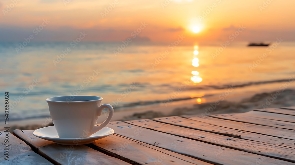 Coffee cup on the beach with sunrise background Coffee cup on the beach with sunrise background