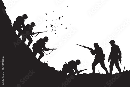 Silhouette of soldiers in combat with explosion background Dynamic military action scene in high contrast black and white.
