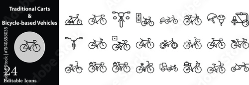 Bicycle icon set traditional carts and bike based vehicles featuring various styles and designs editable and suitable for cycling or transportation projects
