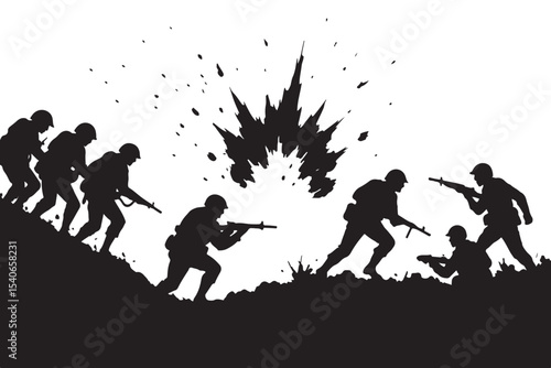 Military combat scene silhouette with explosion Soldiers engaged in warfare action with dramatic impact in black and white.
