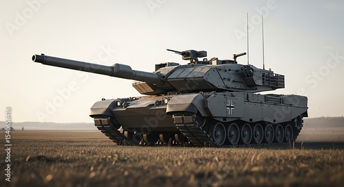 German Leopard main battle tank with Bundeswehr cross insignia sits in an open field at sunset. A powerful, modern armored combat vehicle ready for military operations or warfare.