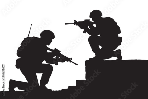 Military silhouette in action, soldiers crouching and aiming with rifles during training or combat situations.