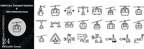 Collection of cable car,transport system,valve network line icons depicting gondola,crane,pipeline elements for engineering and industrial usage suitable for icon set