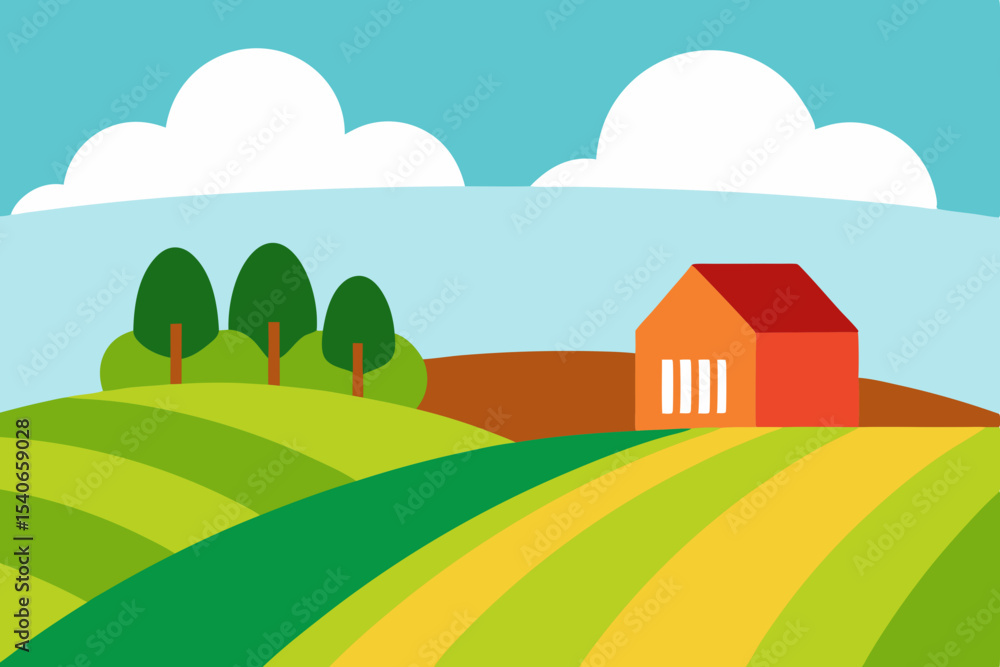 Fototapeta premium Farmhouse in rolling hills landscape illustration