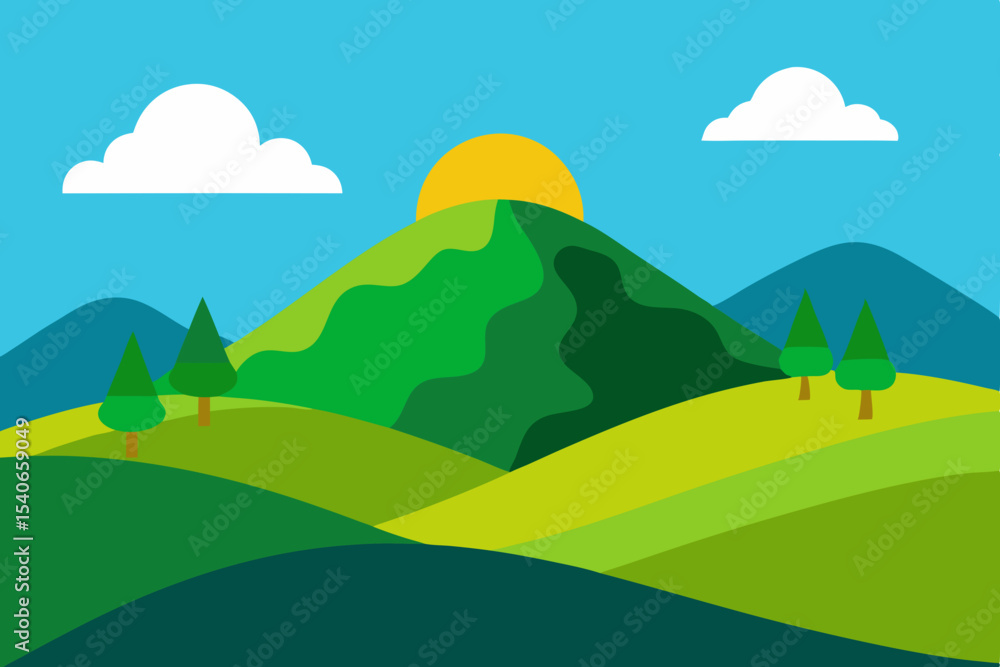 Fototapeta premium Cartoon landscape illustration green hills and sun