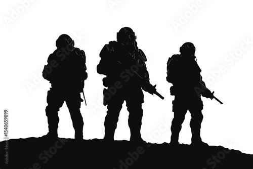 Three soldiers in silhouette with rifles and military backpacks on a hill