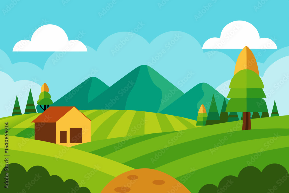 Naklejka premium Cartoon countryside landscape with house and mountains