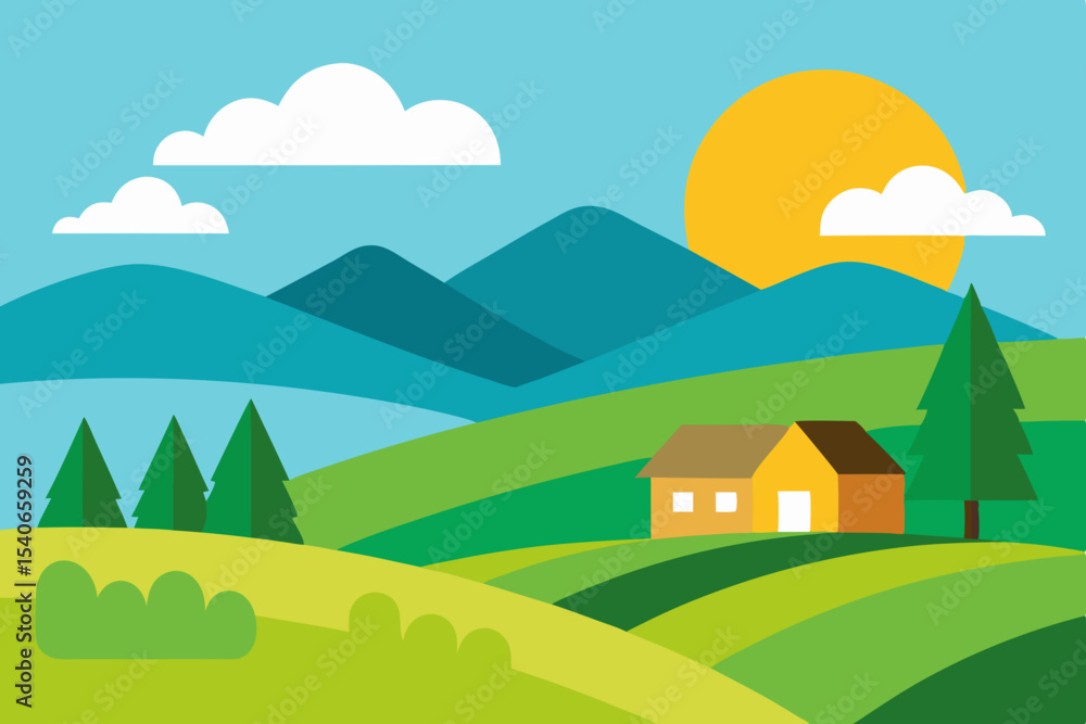 Fototapeta premium Cartoon countryside landscape with house and mountains