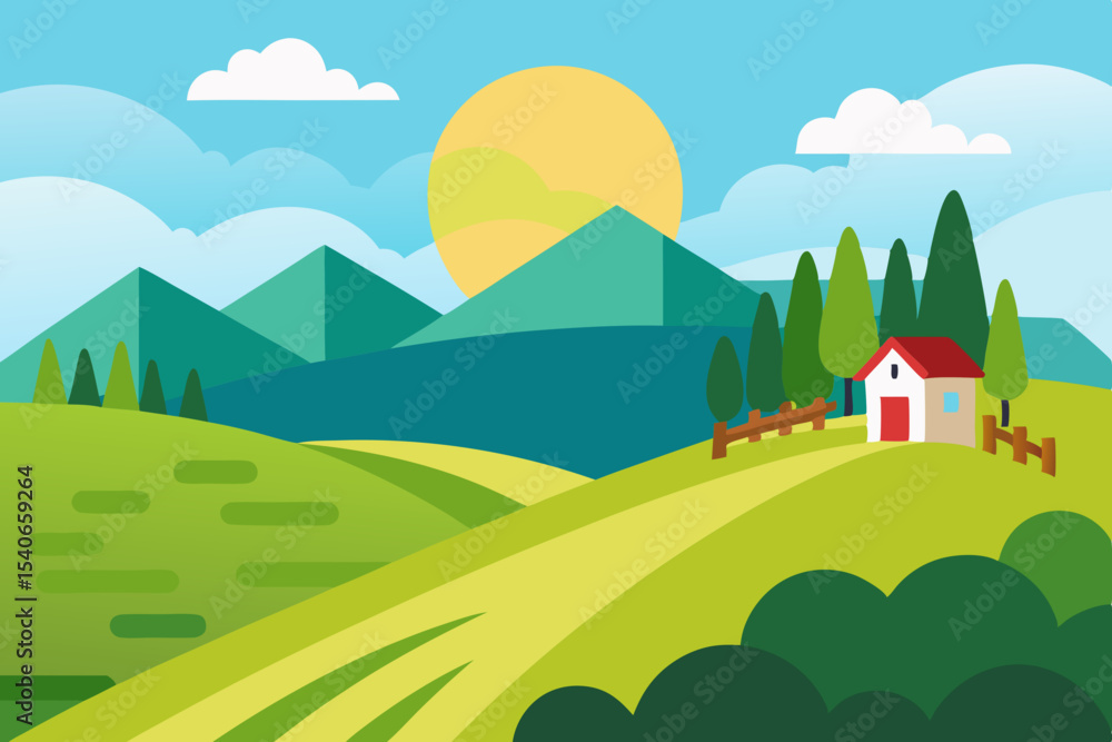 Fototapeta premium Cartoon countryside landscape with house and mountains