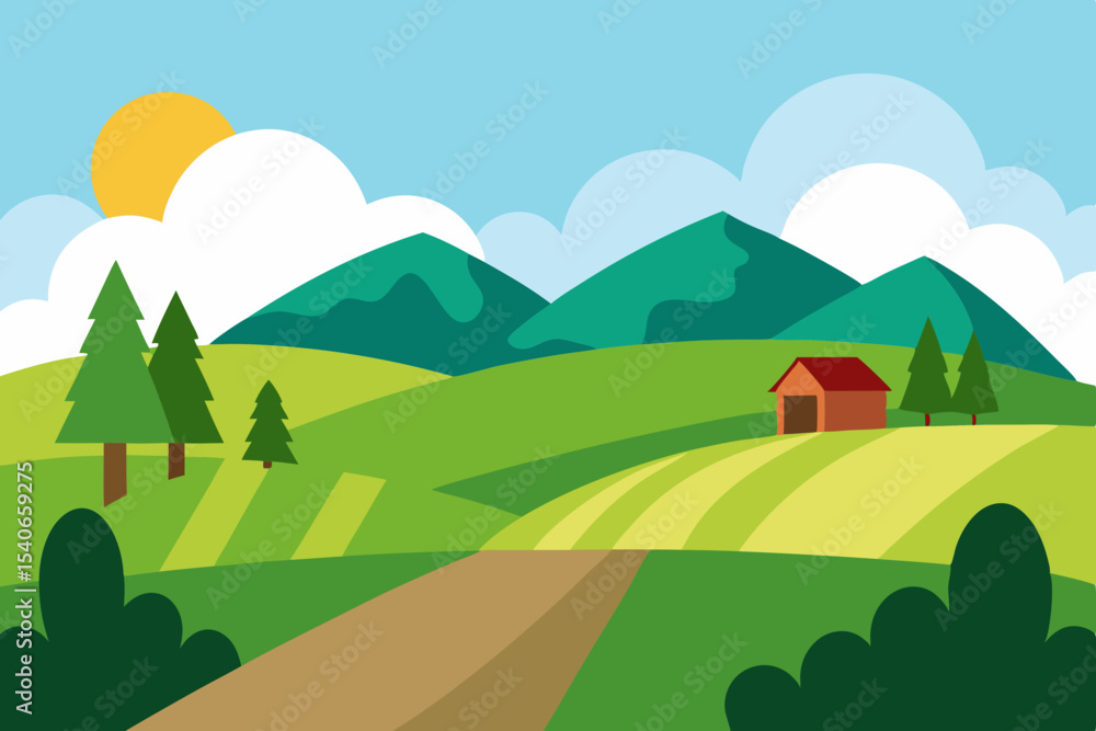 Fototapeta premium Cartoon countryside landscape with house and mountains
