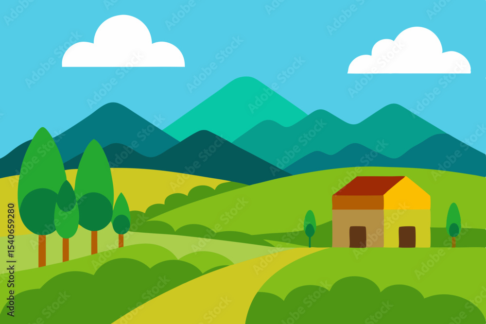 Fototapeta premium Cartoon countryside landscape with house and mountains