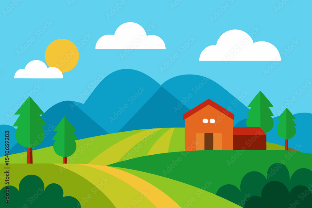 Naklejka premium Cartoon countryside landscape with house and mountains