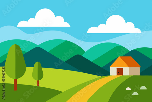 Cartoon countryside landscape with house and mountains