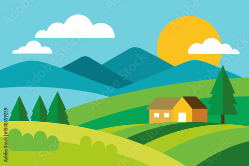 Cartoon countryside landscape with house and mountains