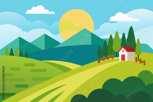 Cartoon countryside landscape with house and mountains