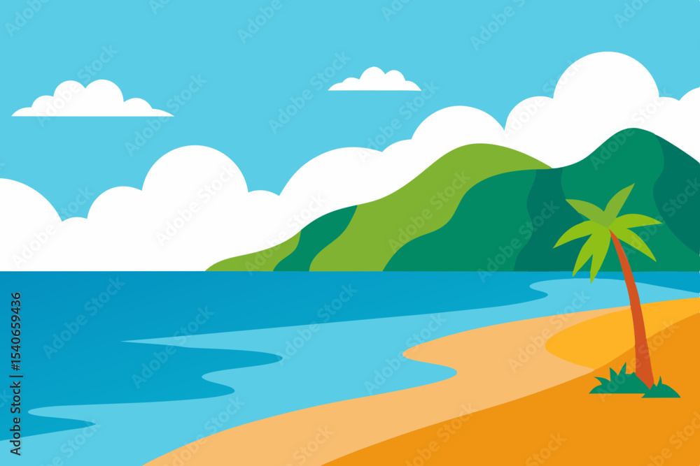 Fototapeta premium Tropical beach scene with palm tree and ocean