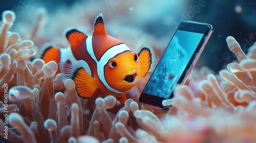 An underwater scene where a clownfish playfully interacts with a smartphone, blending marine life with modern tech trends