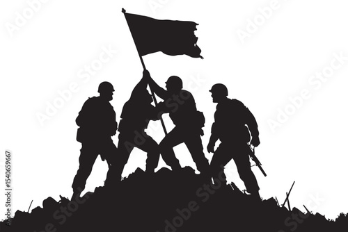 Group of soldiers raising a flag together on a mountain top in silhouette