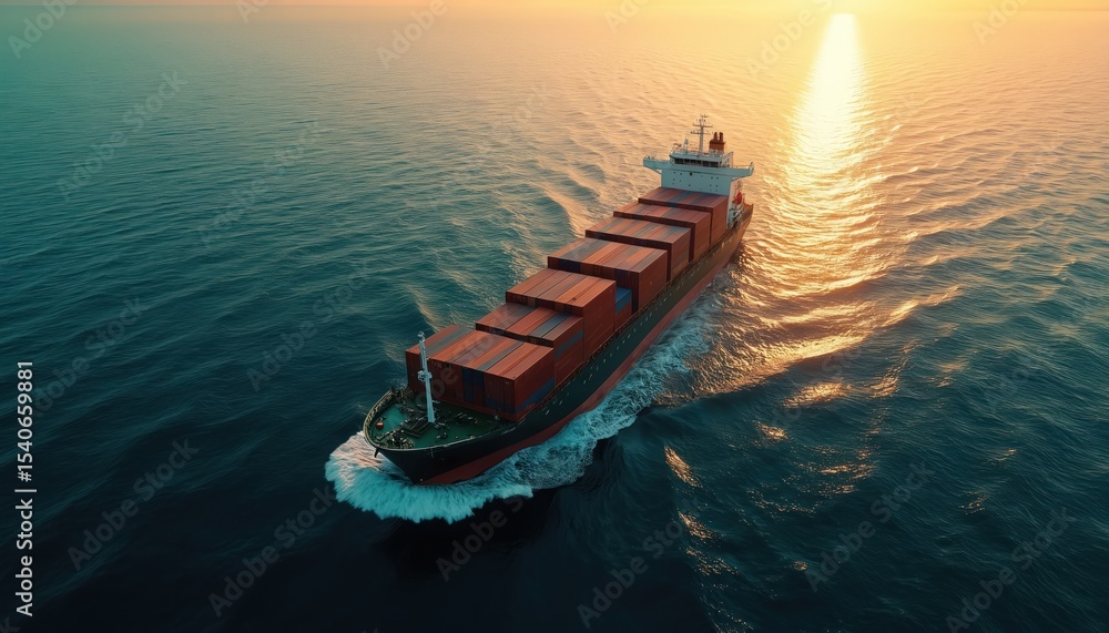 Obraz premium Cargo ship sails at open sea during sunset. Freight vessel with containers. Maritime transport, international trade, logistics. Ocean freight, global import export. Sea shipping. Transportation
