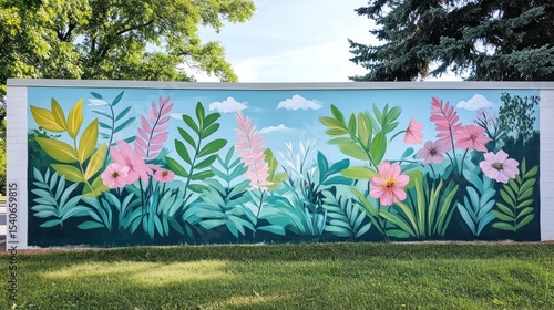 An urban street mural depicting a botanical journey, expressing creative activism in an environmentally-conscious neighborhood.