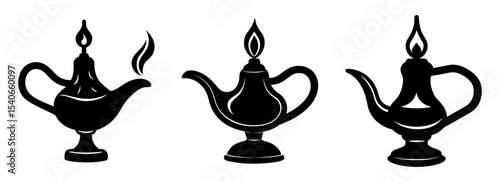 Vector graphic of antique oil lamps with flames for home decor and design use silhouette