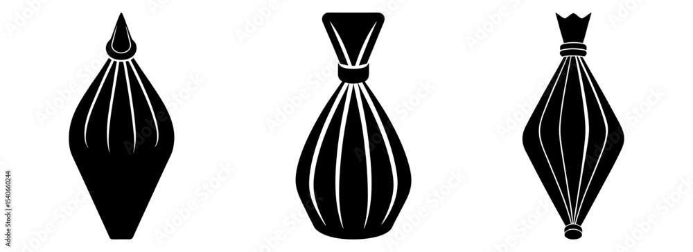 Fototapeta premium Three decorative tassel designs in black and white vector illustration silhouette