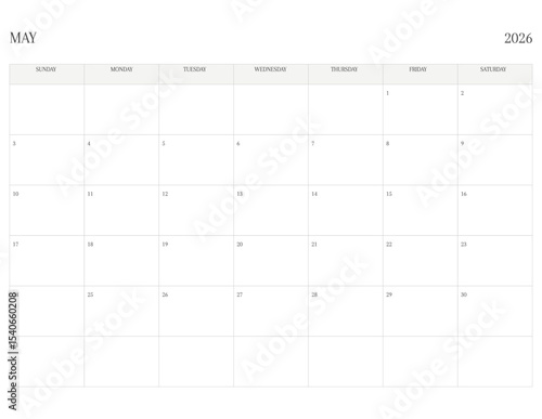 MAY 2026 Letter Size SUNDAY WEEK START Monthly Calendar, Minimalist Printable Calendar