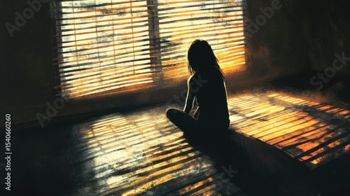 Anguished woman sitting on the floor of an empty room with soft light through blinds
