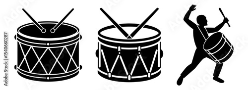 Explore percussion instruments vector art featuring drums and a drummer silhouette
