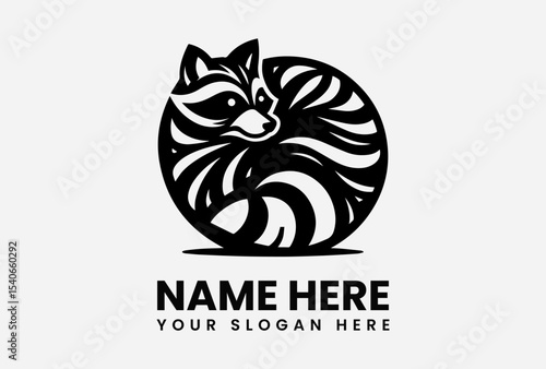 A stylized black and white raccoon logo curled inside a circular design.