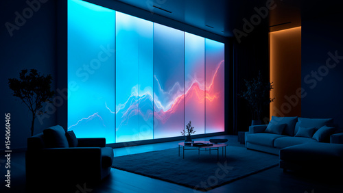 Sapphire Glass Panels Displaying Fluid Data Streams in a Darkened Living Room