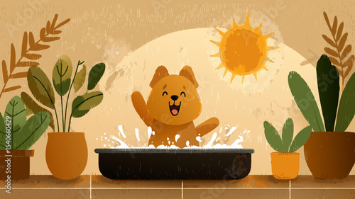 Happy cartoon dog splashing in a tub with water surrounded by potted plants and a bright sun, emphasizing summer heat and the importance of pet care during warm weather