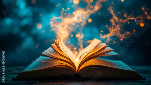 Aged Book Opens to a Nebula Portal, Ethereal Light and Boundless Curiosity