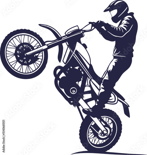 "Motorcyclist doing wheelie silhouette"
on a white background