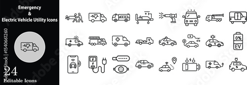 Emergency and electric vehicle icon set featuring ambulances fire trucks electric car charging and hospital equipment depicted as line art