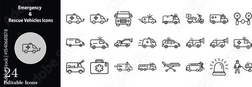 Emergency and rescue vehicles icon set featuring ambulance fire truck and first aid equipment in a minimalist line style