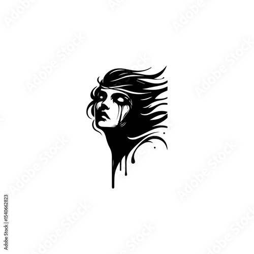 A stylized, monochrome portrait of a woman with flowing hair and dripping tears, looking upwards.