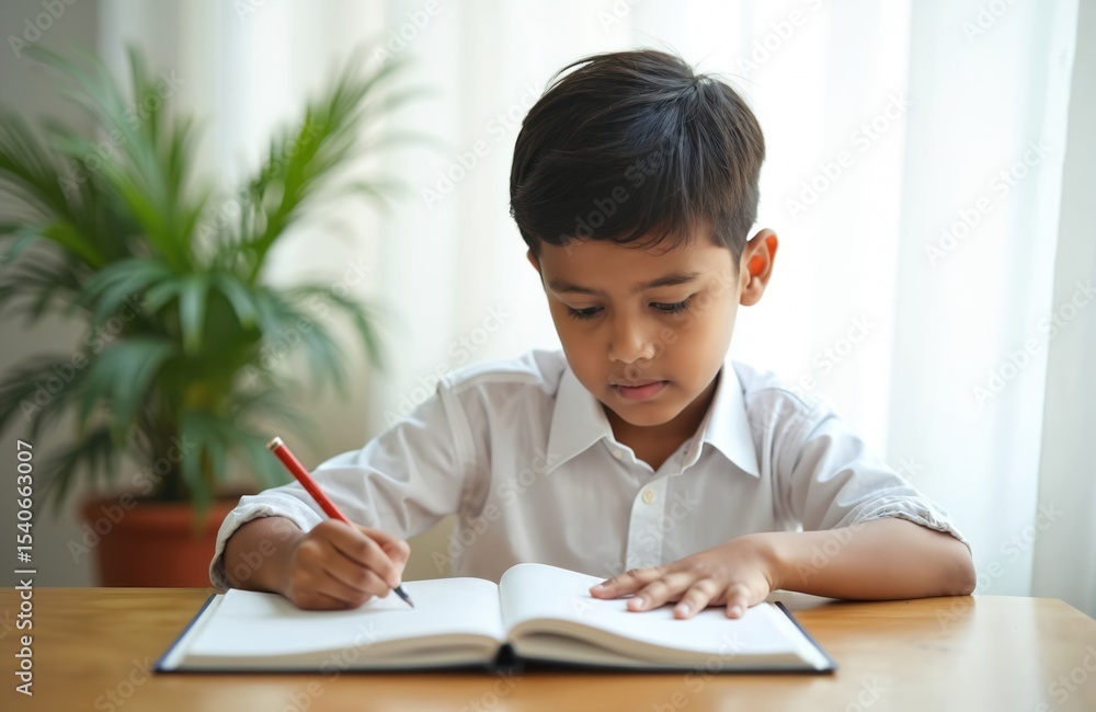 Indian schoolboy diligently studies, writes in notebook at home. Young boy focused, learning with pen, book on desk. Education, childhood, primary school. Asian child studying. Homework, learning, Indian schoolboy diligently studies, writes in notebook at home. Young boy focused, learning with pen, book on desk. Education, childhood, primary school. Asian child studying. Homework, learning,