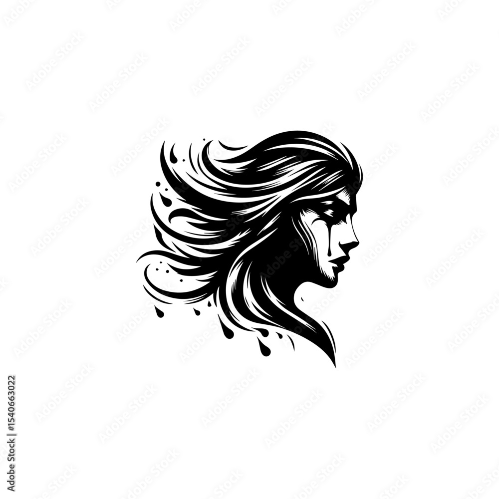A monochrome illustration of a woman's profile with flowing hair and tears. A monochrome illustration of a woman's profile with flowing hair and tears.