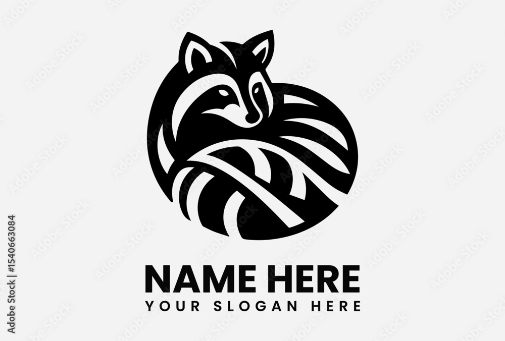 Stylized black and white raccoon logo curled up, with abstract striped design. Stylized black and white raccoon logo curled up, with abstract striped design.