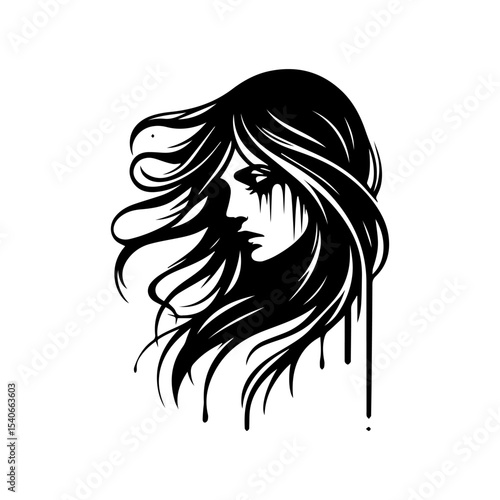A melancholic woman's profile, windswept hair, tears streaming down her face, rendered in stark black and white.